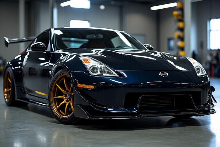 उच्च प्रदर्शन ट्यूनिंग के साथ चमकदार काली स्पोर्ट्स कार