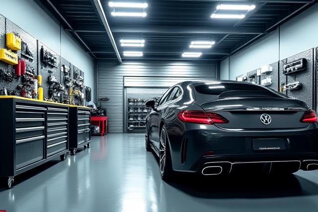 सुव्यवस्थित और साफ कार्यशाला, उपकरण और उच्च अंत वाहनों को दिखाते हुए