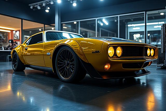 पूरा हुआ कस्टम वाहन डिस्प्ले पर, शानदार चमक और अद्वितीय डिजाइन तत्वों के साथ