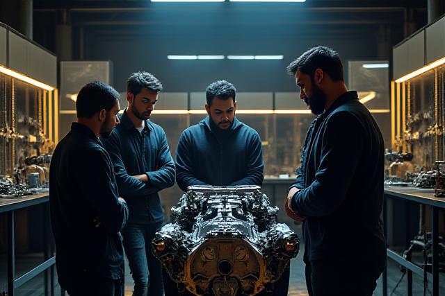 नीला मंडल के संस्थापक रवि शर्मा अपनी टीम के साथ आधुनिक ऑटोमोटिव स्टूडियो में काम कर रहे हैं, जो एक कस्टम कार के इंजन पर चर्चा कर रहे हैं।