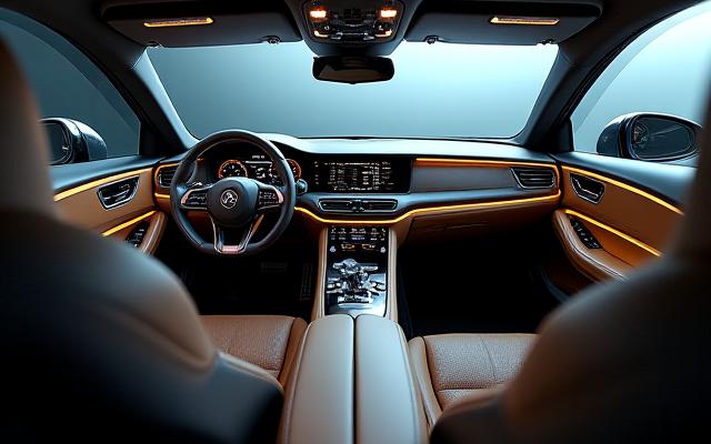 एक लक्जरी कस्टम कार इंटीरियर, चमड़े और उन्नत डैशबोर्ड के साथ