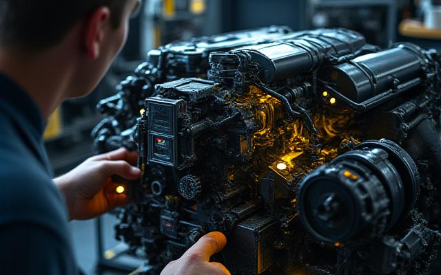 उच्च-प्रदर्शन इंजन पर काम करते मैकेनिक